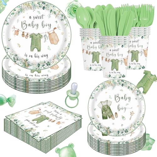 140PCS Greenery Gender Reveal Baby Shower Plates and Napkins Supplies, Boho Greency Party Decorations Tableware Set Desser...