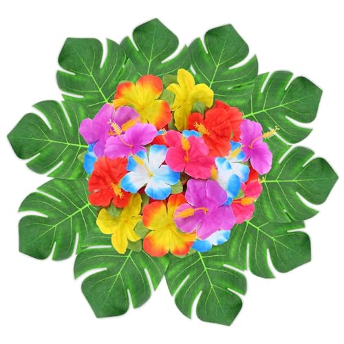 Oudome 60Pcs Hawaiian Flowers,Tropical Decor Tropical Flowers Include Hibiscus Flowers Artificial and Palm Leaves,Hawaiian...