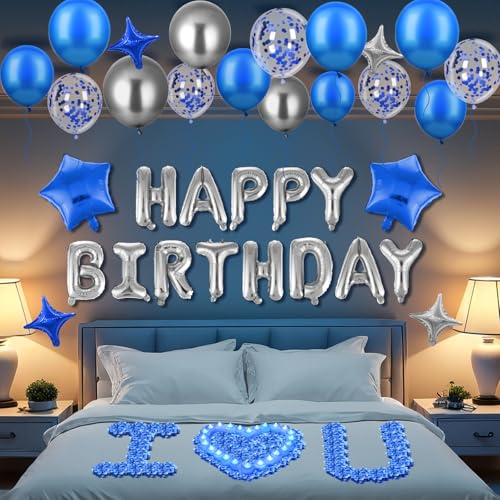 Blue Happy Birthday Balloons Decorations Royal Blue Silver Birthday Balloons Letters Banner 6 Pcs Star Balloons Blue Artif...