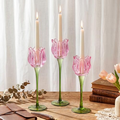 Honeydak 3 Pcs Tulip Flower Glass Candle Holders Romantic Flower Votive Candle Holders for Wedding Bridal Shower Tall Teal...