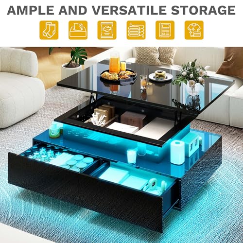 DWVO LED Lift Top Coffee Tables for Living Room, Rectangular Coffee Table with 4 Spacious Drawers, Modern Center Table wit...