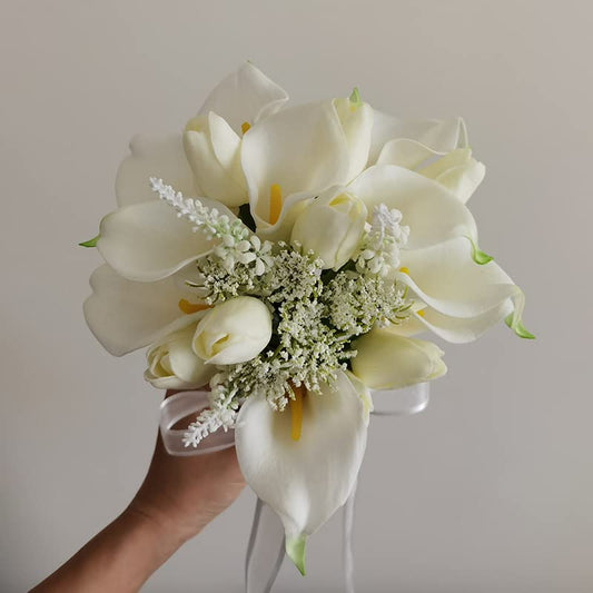 Xinhewong Tulips Calla Lily Artificial Flowers | Real Touch |Bridal Bouquet | Wedding Bouquet Home Décor Party (White) (Wh...