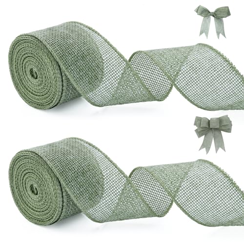 Hiswan Burlap Wired Ribbon 1.5 inch Wide 10 Yards Sage Green Burlap Rustic Jute Ribbons for Crafts Wreath,Weeding, Christm...