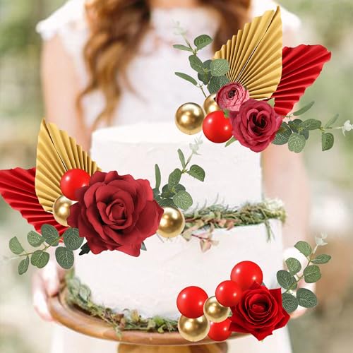 Rsstarxi 30 Pack Red Rose Flowers Cake Topper Artificial Flower Leaves Balloon Palm Fan Cake Pick DIY Valentine's Day Cake...
