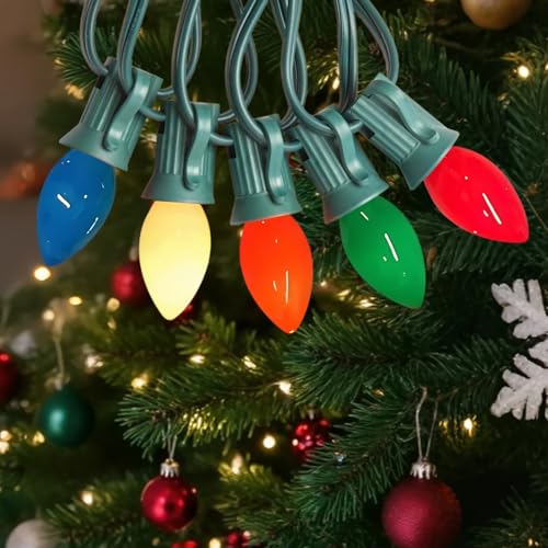 CHYSUPER C7 Christmas Lights Outdoor, 25FT Vintage String Lights with 27 Multicolor Ceramic Bulbs for Patio Backyard Balco...