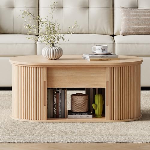 LINSY Lift Top Coffee Table, Oval Fluted Coffee Table with Storage, Boho Wooden Coffee Tables with Sliding Tambour Door, 3...