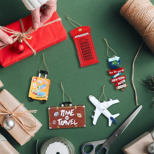 Vercraft 6 Pcs 3D Travel Christmas Tree Ornaments, Resin Globe Planet Airplane Suitcase World Sign Telephone Booth Handcra...