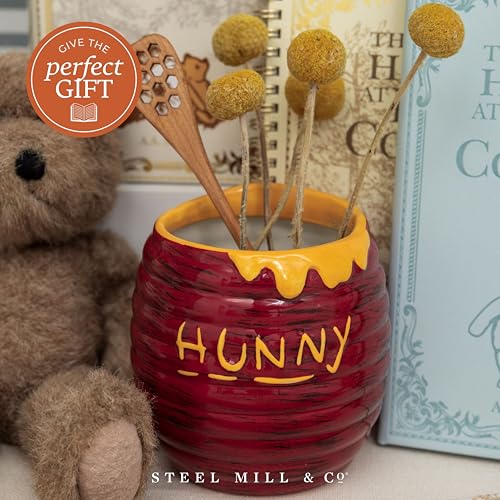 Steel Mill & Co Ceramic Honey Pot Vase, 4.5" x 4.5", Beehive Flower Vase & Desk Organizer, Ridged Pot with Honey Drip Deta...