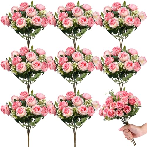 Zeyune 8 Pack 12 Inch Wedding Bouquets for Bride Bridesmaid Red Artificial Rose Bouquet Fake Silk Roses Flowers Bunches Bu...