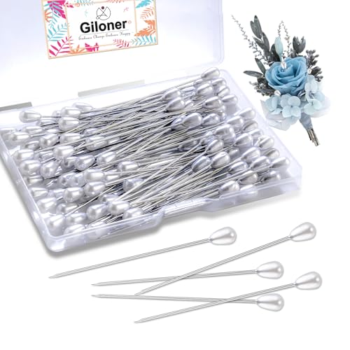 Giloner Pins for Flower Bouquets 100pcs Long Teardrop Pearl Pins,White Pearl Boutonniere Pins for Sewing Flower Decoration...