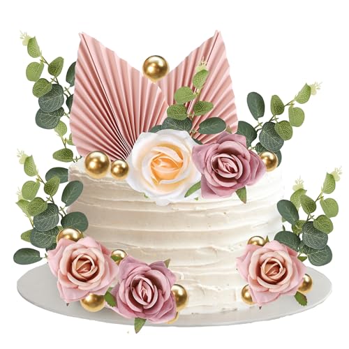 Rsstarxi 22 Pack Rose Artificial Flower Leaves Cake Decorations Gold Balloon Paper Palm Fan Cake Toppers for Happy Mother'...
