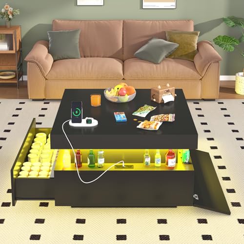 31.5" Square Coffee Table with Sliding Top and Charging Station, Black Coffee Tables with LED Lights and Storage Drawer fo...