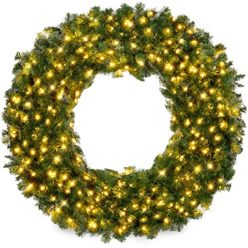 Best Choice Products 36in Large Artificial Pre-Lit Fir Christmas Wreath Holiday Accent Decoration w/ 150 LED Lights, 300 P...