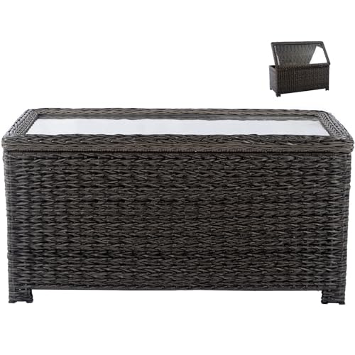 Krikacy Classic Wicker Patio Coffee Table with Storage, 40'' All-Weather Rattan Outdoor Coffee Tables, Tempered Glass Fli...