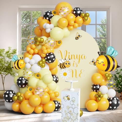 Ceeulvu Bee Balloon Arch Kit, Black Yellow White Gold Balloon Garland with Bee Foil, Sunflower Decor for Bee Birthday, Bab...