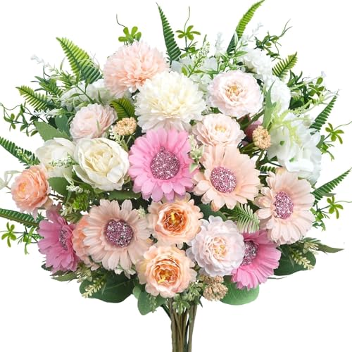 Luabue 8pcs Fake Peonies Pink Flowers Artificial Mixed Sunflowers White Roses 13 Inch Silk Flower Arrangements for Wedding...
