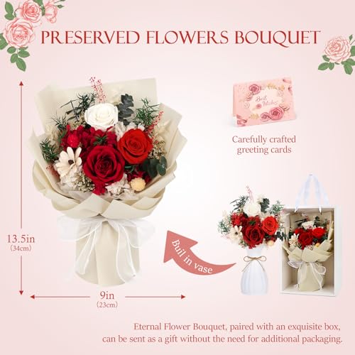 Flowers for Delivery Prime Preserved Flowers Bouquet with Vase That Last 3-5 Years Real Forever Flowers Red Rose Bouquet f...