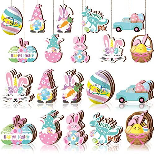 Chunful 30 Pcs Easter Ornaments for Tree Happy Easter Wooden Hanging Ornaments Pastel Spring Egg Carrot Bunny Basket Tree ...