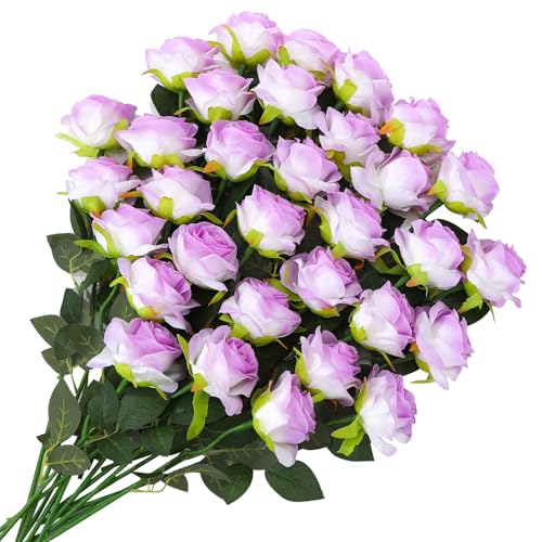 Ovveroche 32 Pcs Light Purple Artificial Flowers Bulk, 20" Silk Gradient Blush Purple Real Touch Roses for DIY Wedding Bri...
