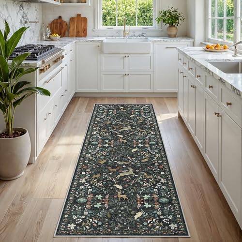Runner Rug Washable Runners Kitchen Rugs Non Slip Neutral Floral Carpet Low Pile for Indoor Hallways Entryway Living Room ...