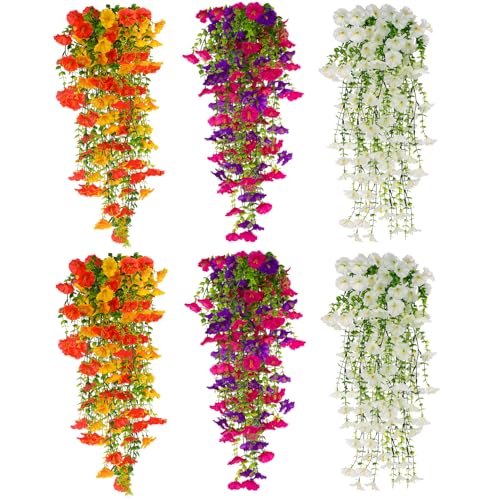 Ovveroche Artificial Hanging Flowers for Outdoors Decoration, 6 Pack UV-Resistant Large Morning Glory Artificial Faux Plan...