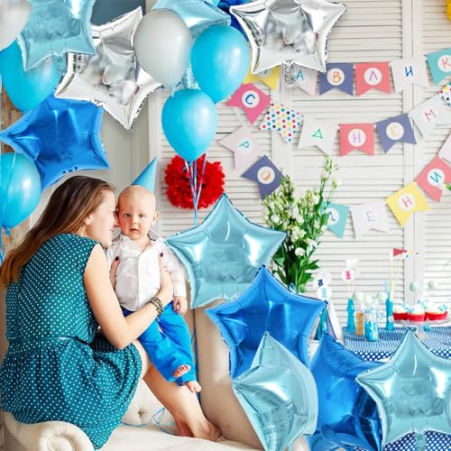 TONIFUL 30Pcs 18 Inch Large Blue Silver Star Shape Foil Balloons Big Stars Helium Mylar Ballons for Birthday Wedding Baby ...