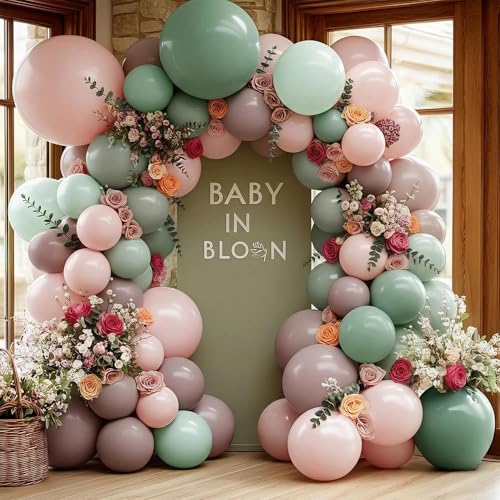 Pink Green Balloon Arch with Artificial Flowers Double Stuffed Dusty Light Pink Sage Green Balloon Garland Kit Eucalyptus ...