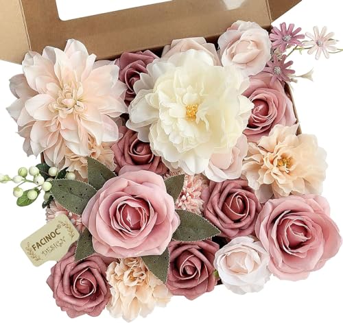 FACINOC Roses Artificial Flowers Pink Bouquets Box Set for DIY Bridal Wedding Shower Decorations Fake Floral Arrangements ...