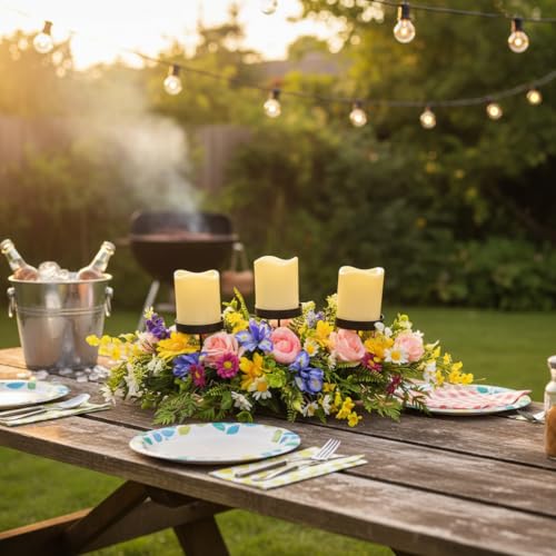 Lnymura Spring Summer Centerpiece with 3 Candle Holders, 24 Inch Colorful Artificial Wildflower Arrangement with Roses, Da...