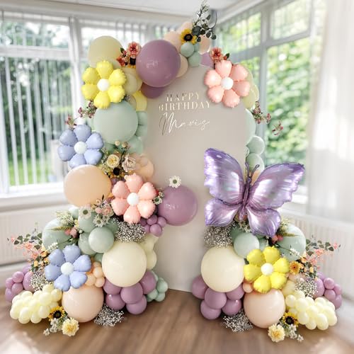 Spring Floral Butterfly Balloon Arch Kit,137Pcs Pastel Lavender Purple Yellow Balloon Garland with Daisy,Butterfly Foil Ba...