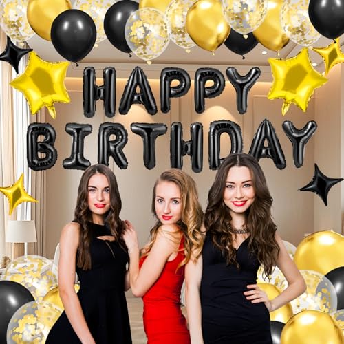 Black Gold Happy Birthday Balloons Decorations Black and Gold Birthday Balloon Letters Banner with 6 Pcs Star Balloons Bla...