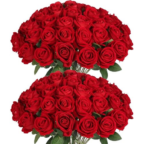 Jefuzh 50 PCS Fake Red Roses, Artificial Red Flowers Bulk Realistic Silk Faux Rose with Stems for Wedding Decoration Anniv...