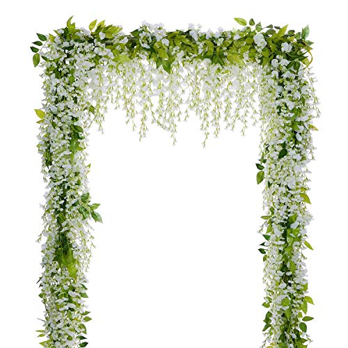Lvydec Wisteria Artificial Flowers Garland, 4Pcs Total 28.8ft White Artificial Wisteria Vine Silk Hanging Flower for Home ...
