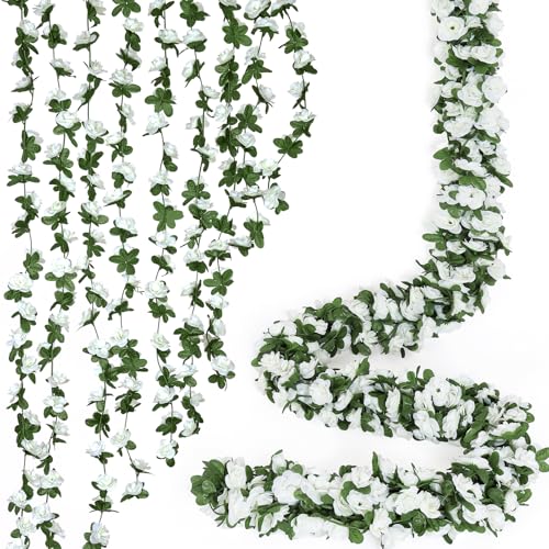 KHOYIME 18 Pack 144 FT Artificial Flower Garland, Fake White Roses Vines Silk Flowers Faux Plastic Outdoor Hanging Floral ...