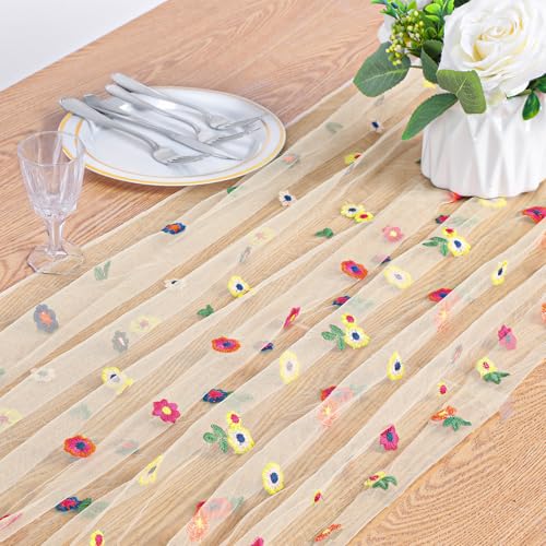 Summer Flower Table Runner Floral Gauze Table Runners 120in/10ft Embroidery Daisy Flowers Tulle Tables Cloth for Spring Su...