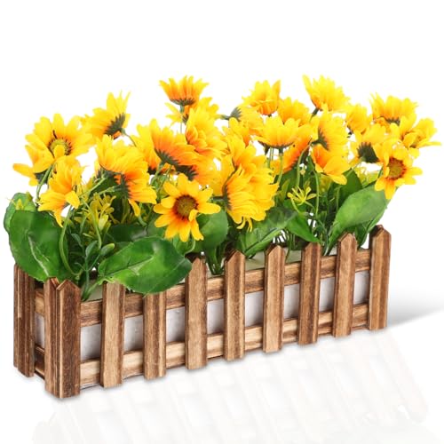 Yardwe Artificial Sunflower Plant with Picket Fence Pot 11.81In - Fake Sunflower Decoration for Home Office Classroom Corn...