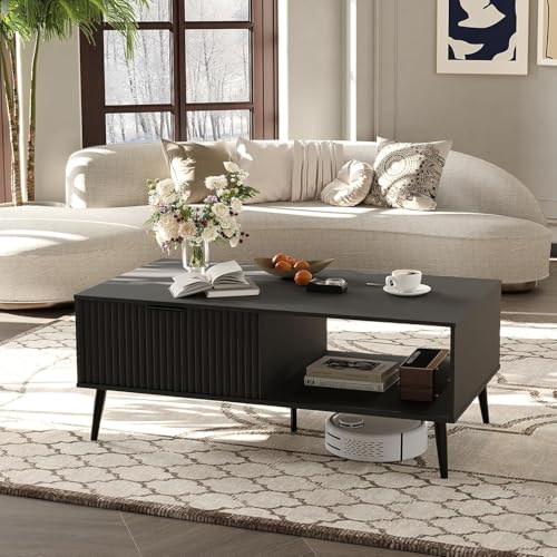 Modern Coffee Table with Storage, 2-Tier Wooden Cocktail Table, Mid Century Modern Coffee Tables with Wave-Style Sliding D...