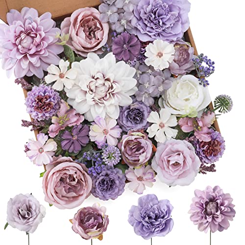 Floweroyal Artificial Flowers Combo Purple Flowers Mix Silk Flowers Dahlia Roses with Stems for DIY Wedding Bridal Bouquet...