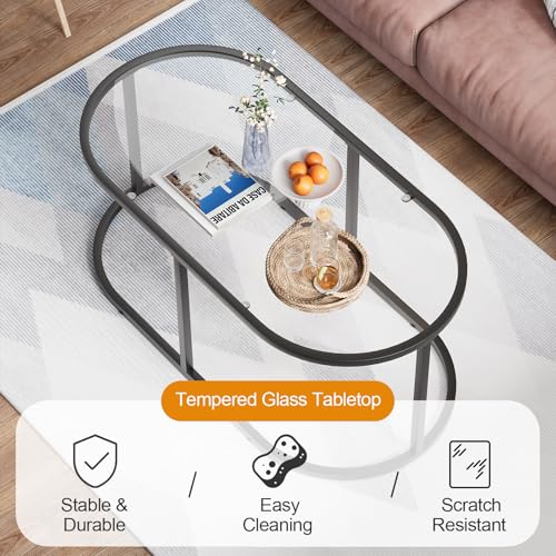 Wolawu Coffee Table Black Glass Coffee Tables for Living Room, Oval Table Center Table with Sturdy Metal Frame,Modern Temp...