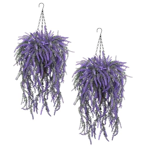 2Packs Artificial Hanging Flowers for Outdoors 6 Bundles Faux Lavender Fake Hanging Baskets UV Resistant Purple Flowers Ha...