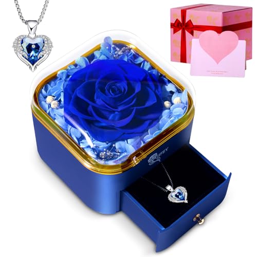 Valentines Day Gifts for Her Birthday Gifts for Women,Preserved Blue Rose with I Love You Necklace Preserved Flowers Gifts...