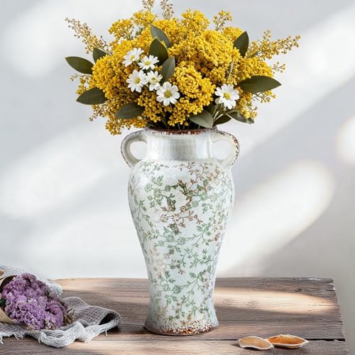 Enra Farmhouse Vintage vase with Handle,12.6 in Ceramic Chinoiserie Floral Vase,Green and Beige Decorative Flower vase,Lar...