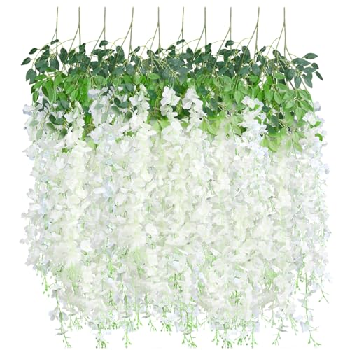 Tikroom 10 Pack Artificial Wisteria Hanging Flowers 3.6 Feet/Piece White Dense Fake Wisteria Vine Ratta Hanging Garland Si...