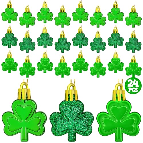 24 PCS St Patricks Day Decorations, Shamrocks Tree Ornaments, 3 Styles Good Luck Clover Hanging Baubles for Tree, Shamrock...