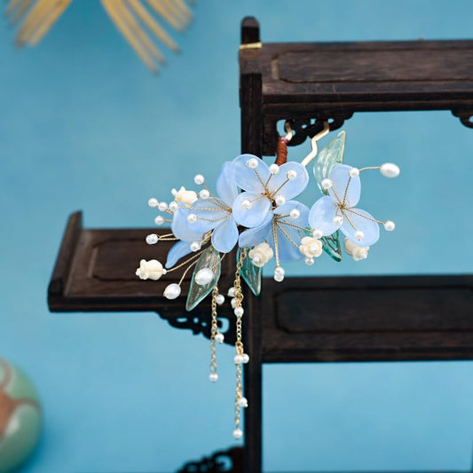 1 pcs Rabithenn Light Blue Narcissus Hairpin with Multiple Flowers and Elegant Pendant - Chinese Floral Hair Stick, Vintag...