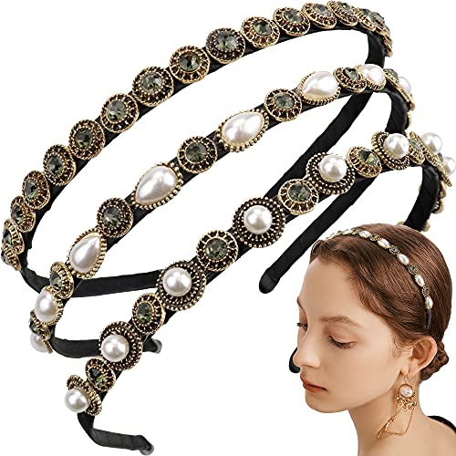 NAIHOD 3 Pcs Pearls Rhinestones Thin Headbands for Women Girls Luxury Vintage Hair Bands for Women's Hair with Cloth Wrapp...