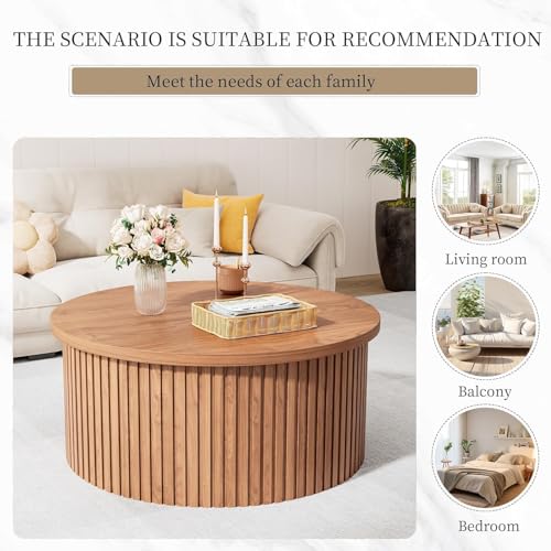 Fsbecl Fluted Lift Top Coffee Table with Hidden Storage, 31.6 Inch Round Coffee Tables for Living Room, Circle Wood Center...