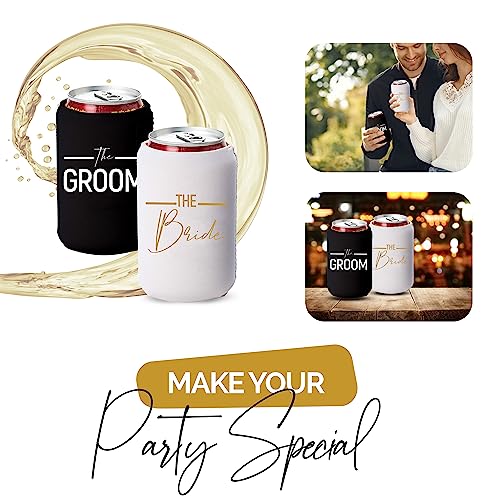 Bride and Groom Can Coolers - 1 White and 1 Black Beer Coolie, Perfect Wedding, Engagement, or Bridal Shower Gift