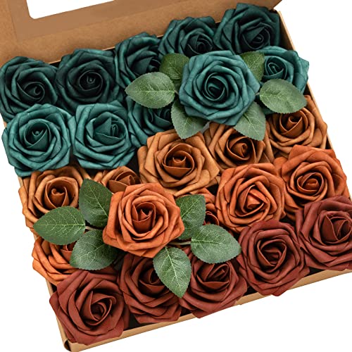 Ling's moment Artificial Flowers, 25Pcs 3" Roses in Teal Shades, Realistic DIY Foam Floral Decor for Wedding Bouquets/Cent...