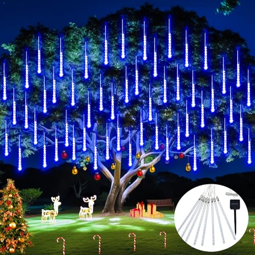 JMEXSUSS Solar Christmas Lights Outdoor, 8 Tube 144 LEDs Solar Meteor Shower Lights Outdoor, Hanging Blue Christmas Light ...